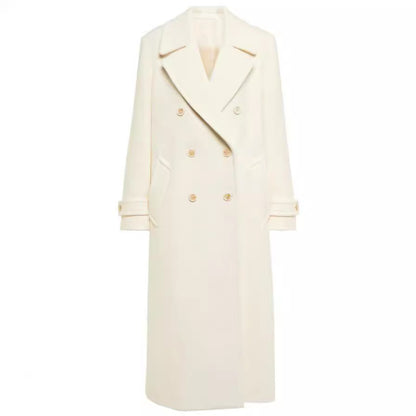 Manteau Femme Élégant à Revers – Blanc, Double Boutonnage, Mi-long