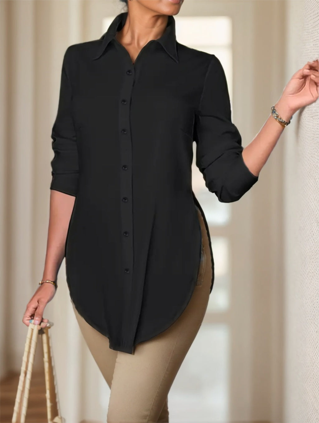 Chemise Femme Boutons Fendus – Manches Longues, Couleur Unie, Style Minimaliste