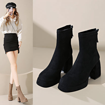 Bottes Femme en Suédine – Fermeture Éclair Arrière, Talon Épais, PU, Tailles 34–40