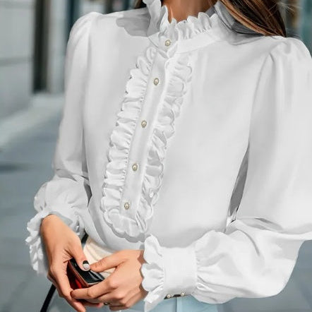 Chemisier Femme Col Montant – Manches Longues avec Ourlet Volanté, Style Chic