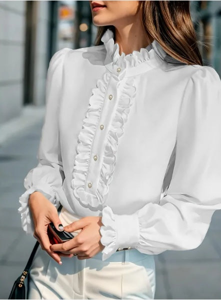 Chemisier Femme Col Montant – Manches Longues avec Ourlet Volanté, Style Chic