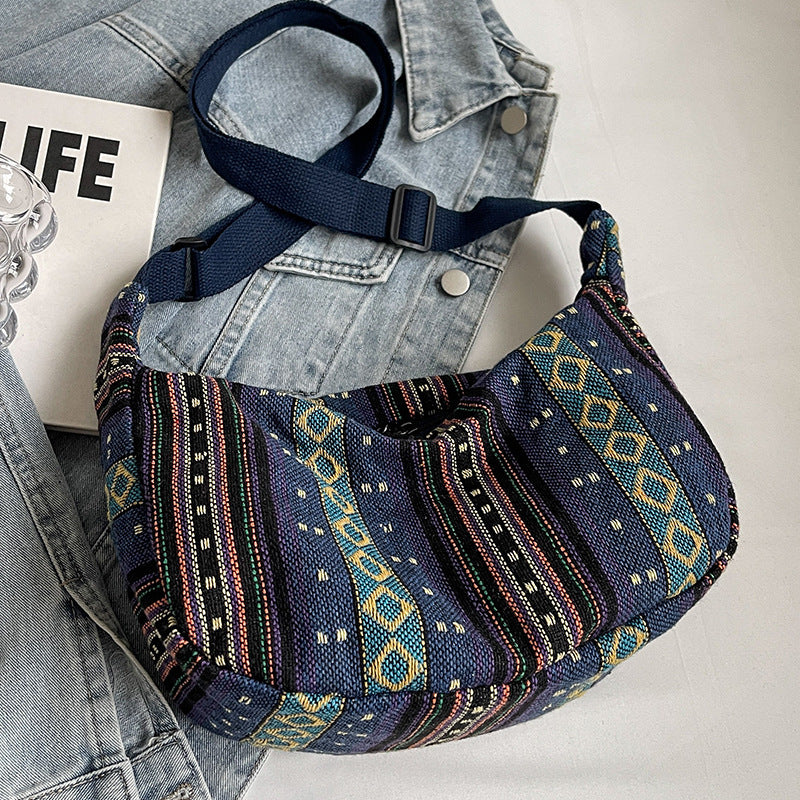 Grand Sac Bandoulière Femme – Style Ethnique à Grande Capacité en Toile Forme Dumpling