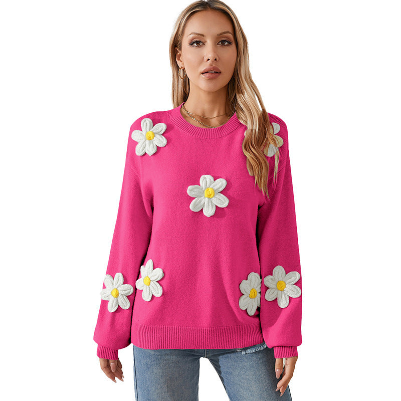 Pull Femme Tricoté à Col Rond – Motif Floral, Couleurs Contrastées, Style Décontracté
