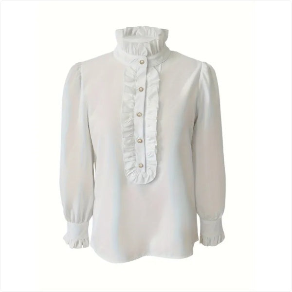 Chemisier Femme Col Montant – Manches Longues avec Ourlet Volanté, Style Chic