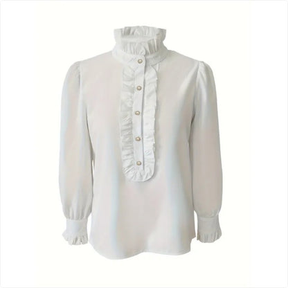 Chemisier Femme Col Montant – Manches Longues avec Ourlet Volanté, Style Chic