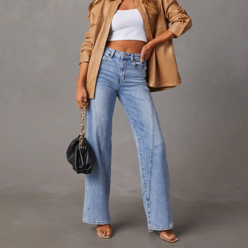 Jean Femme Large – Patchwork Denim, Taille Mi-haute, Style Casual Japonais et Coréen