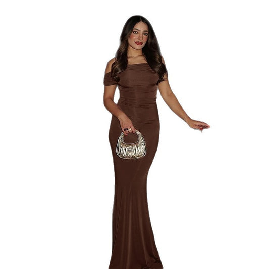 Robe Sexy Dos Nu Femme – Col Asymétrique, Plissée et Élégante