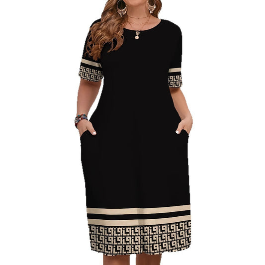 Robe Élégante Bicolore à Col Rond – Manches Courtes Confortables & Style Décontracté