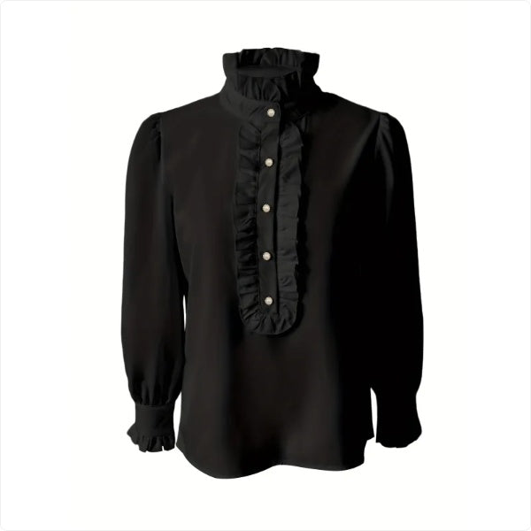 Chemisier Femme Col Montant – Manches Longues avec Ourlet Volanté, Style Chic