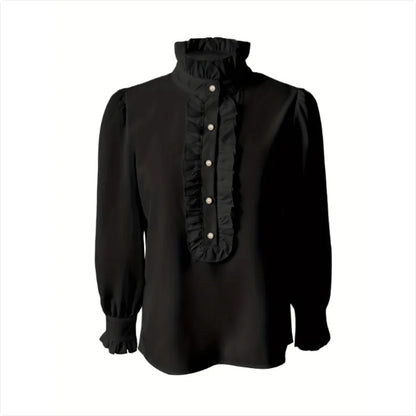 Chemisier Femme Col Montant – Manches Longues avec Ourlet Volanté, Style Chic