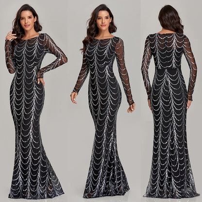 Robe Maxi Femme à Sequins – Manches Longues, Robe de Soirée, Noir & Or
