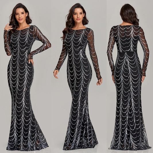 Robe Maxi Femme à Sequins – Manches Longues, Robe de Soirée, Noir & Or