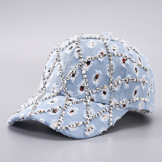 Casquette Baseball Femme – Denim à Strass et Effet Déchiré – Taille Ajustable