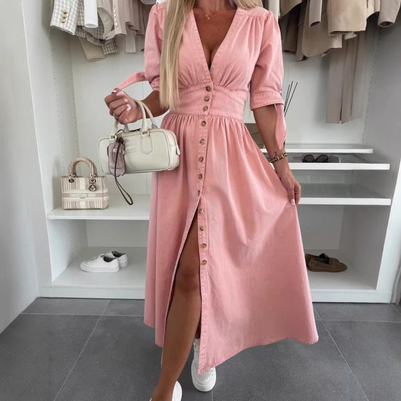 Robe Longue en Jean à Boutons – Col V & Manches Courtes Style Décontracté