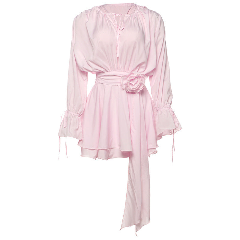 Robe Femme Ajustée à Fleurs – Col Rond, Manches Cloches, Style Européen et Américain