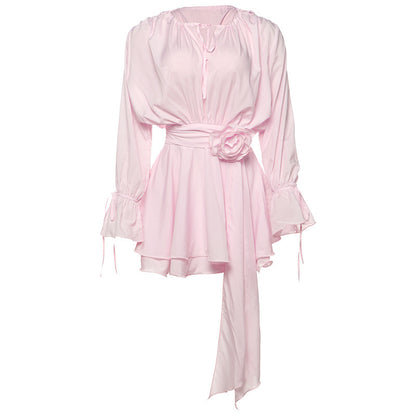 Robe Femme Ajustée à Fleurs – Col Rond, Manches Cloches, Style Européen et Américain
