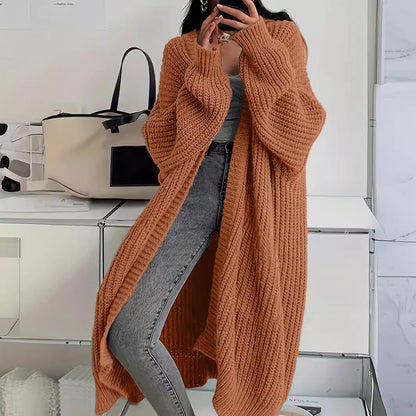 Gilet Long Tricoté Femme avec Poches – Cardigan à Manches Lanternes