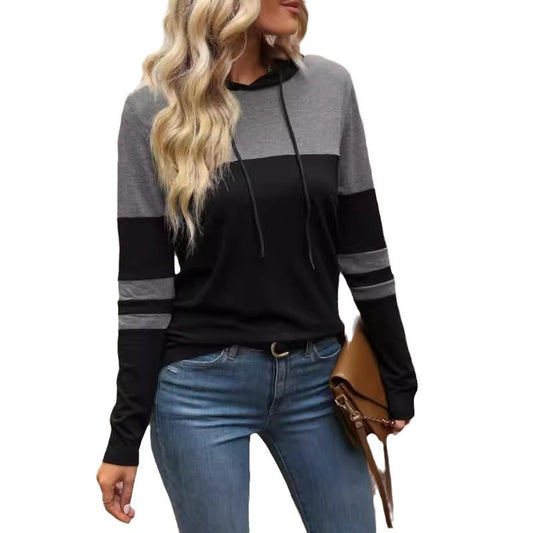 Pull à Capuche Femme – Manches Longues, Couture Contrastée, Style Décontracté