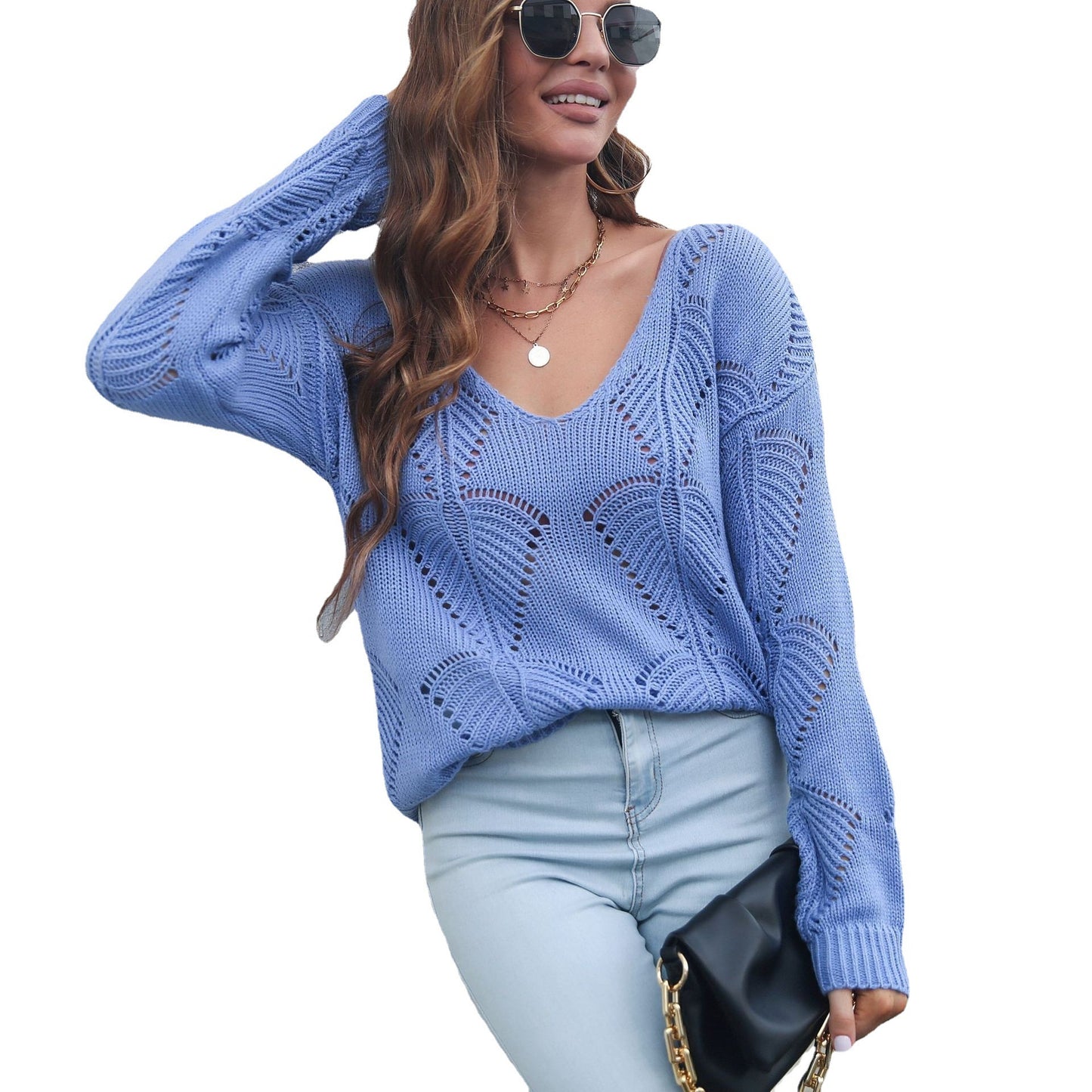 Pull Femme à Col V – Manches Longues, Motif Feuille ajouré, Style Urbain