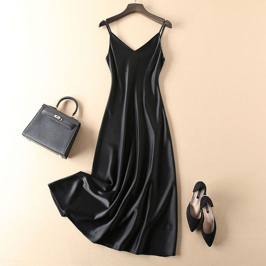 Robe Femme Bretelles Longue en Satin – Jupe A-Line, Style Chinois