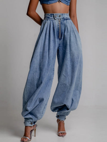Pantalon Harem Décontracté Femme – Taille Haute Zippée en Jean