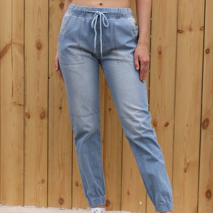 Jean Décontracté Femme Bleu Clair – Taille Élastique avec Cordon, Coupe Droite Confortable