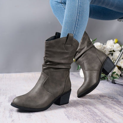 Bottes Femme Style Rétro Western – Mi-Mollet, Bout Pointu, Talon Épais, Tissu