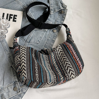 Grand Sac Bandoulière Femme – Style Ethnique à Grande Capacité en Toile Forme Dumpling
