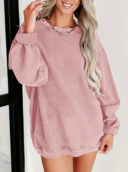Sweatshirt Femme à Col Rond – Côtelé, Manches Longues, Couleur Unie, Avec Cordons