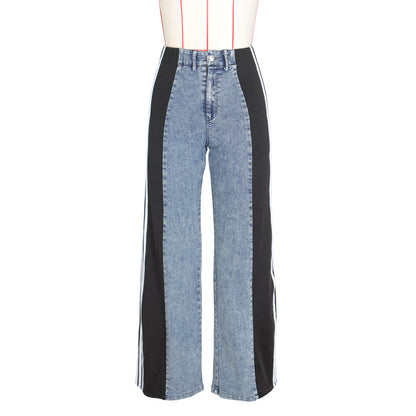 Jean Femme Streetwear – Taille Haute, Coupe Large, Patchwork 3 Bandes, Denim Casual