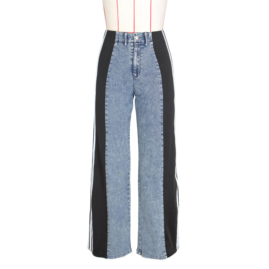 Jean Femme Streetwear – Taille Haute, Coupe Large, Patchwork 3 Bandes, Denim Casual