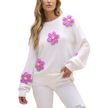 Pull Femme Tricoté à Col Rond – Motif Floral, Couleurs Contrastées, Style Décontracté