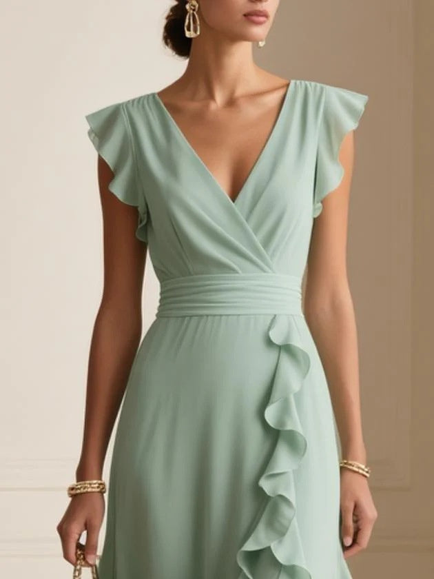 Robe Longue Plissée à Manches Courtes – Décolleté V Col V Uni, Taille Haute