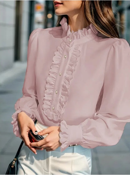Chemisier Femme Col Montant – Manches Longues avec Ourlet Volanté, Style Chic