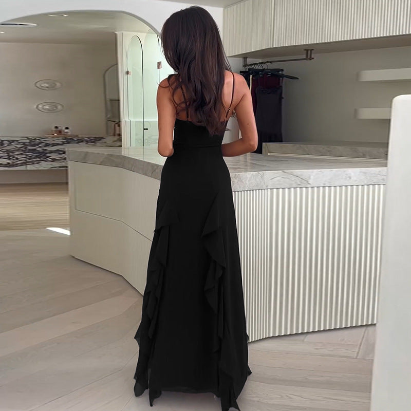 Robe Fendue à Bretelles Femme – Col V Élégant, Volants & Style Vacances