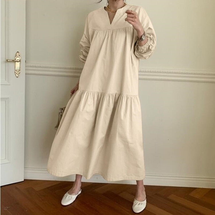 Robe Femme Swing à Col V – Manches Chemise, Style Rétro, Coton & Lin