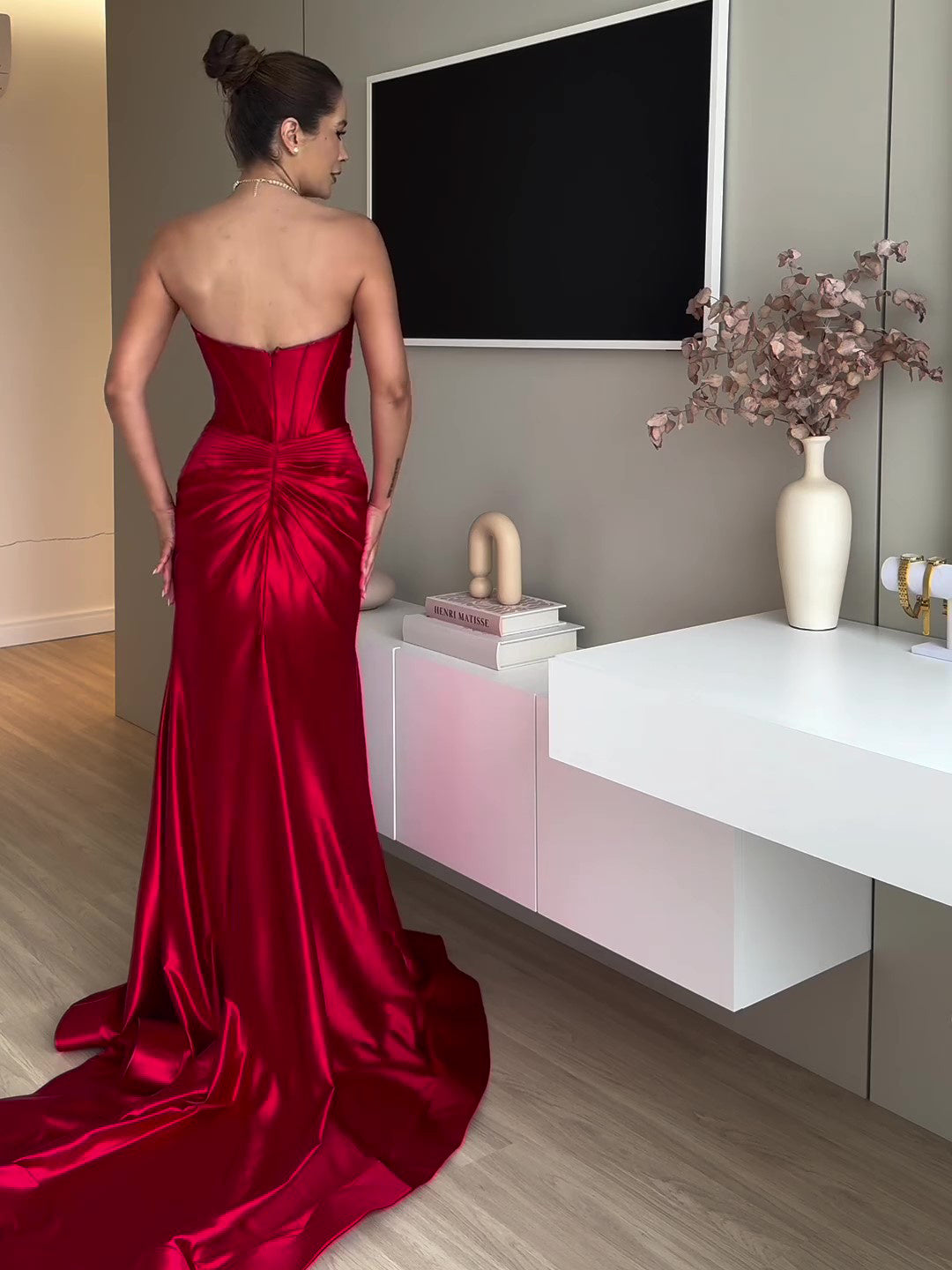 Robe Longue de Soirée Rouge – Tube Top avec Fente Élégante
