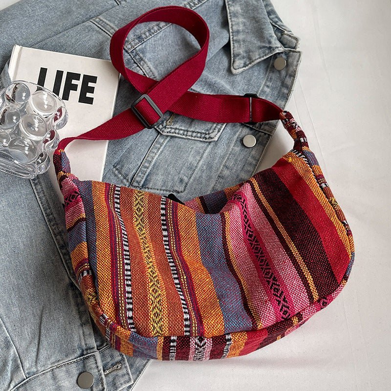 Grand Sac Bandoulière Femme – Style Ethnique à Grande Capacité en Toile Forme Dumpling