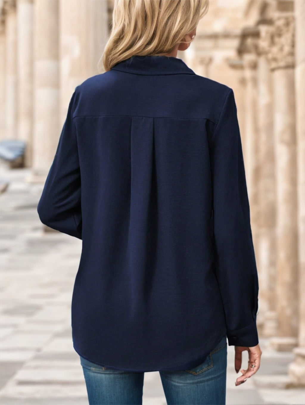 Chemisier Femme Uni – Manches Longues, Col Classique, Style Décontracté