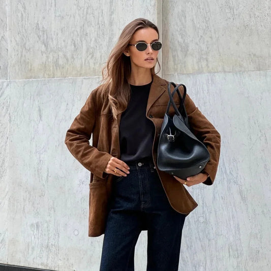 Veste Femme en Suède – Style Commuter Élégant – Boutons – Tailles S à L