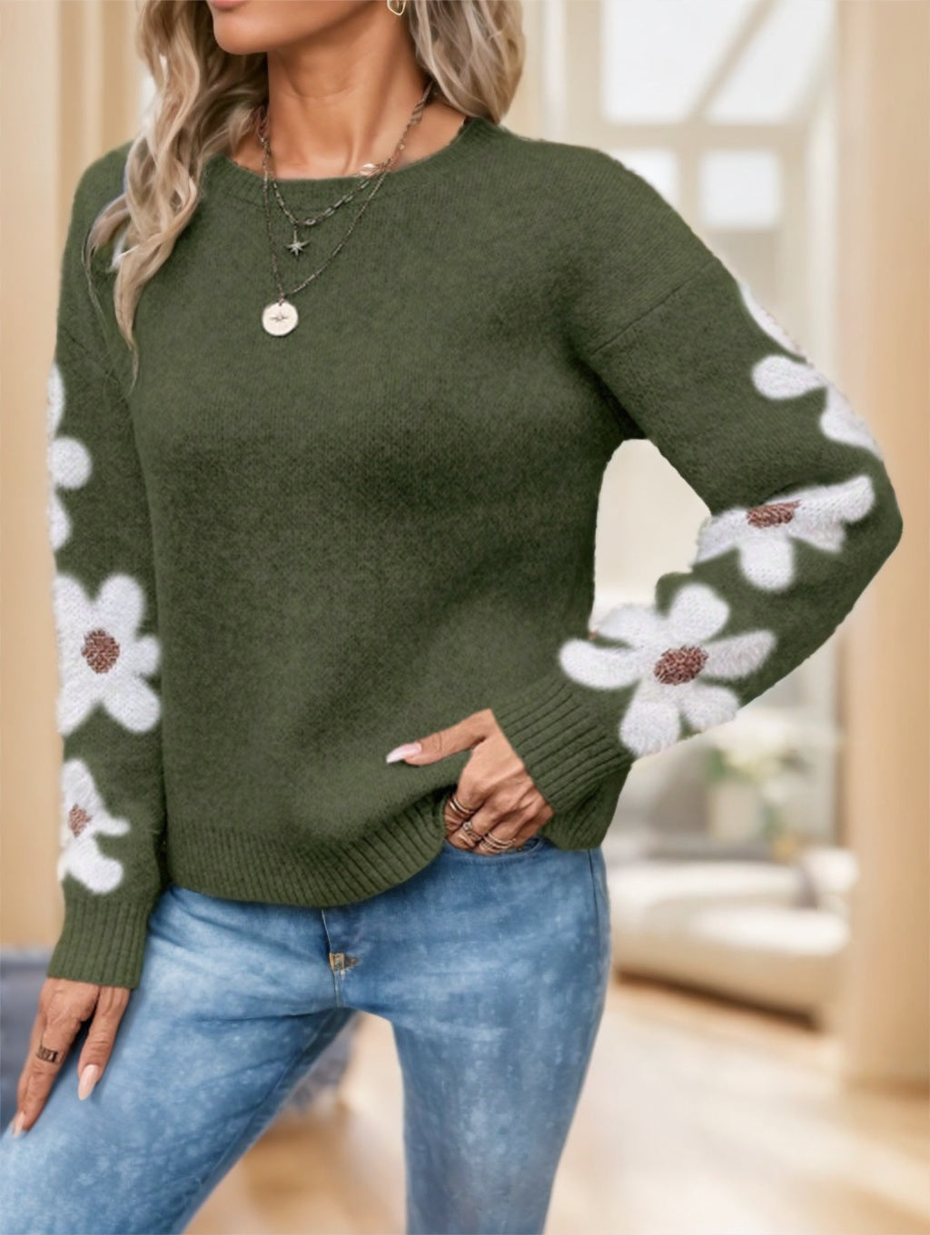 Sweat Femme Motif Floral – Pull Décontracté à Manches Longues, Col Rond, Style Chic