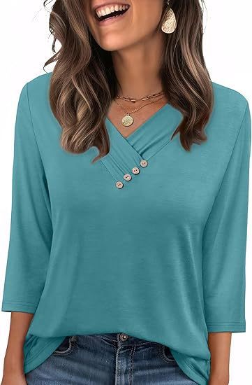 T-shirt Femme Automne – Col V Boutonné, Manches Longues, Style Décontracté Chic