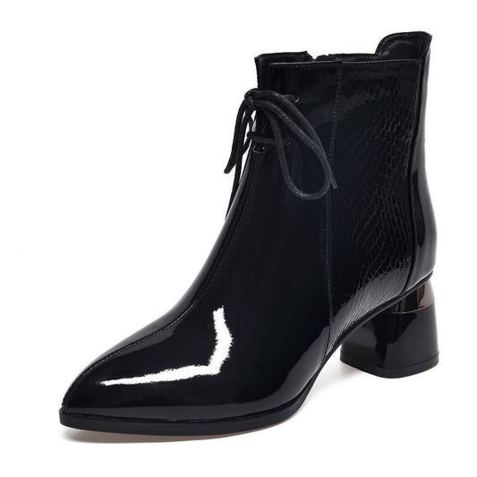 Bottines Martin Femme Élégantes – Talon Épais, Bout Pointu, Cuir Vernis PU, Automne Hiver