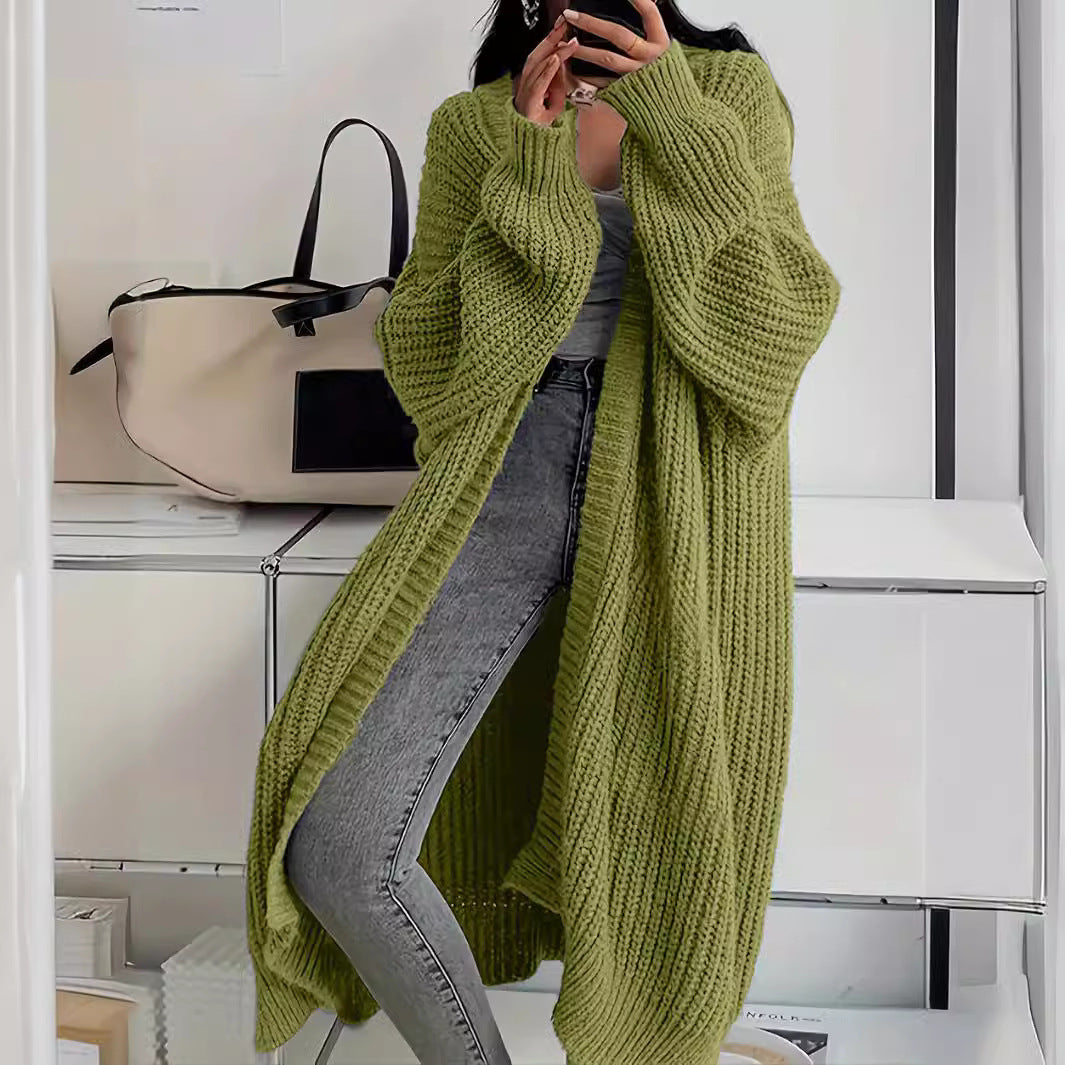 Gilet Long Tricoté Femme avec Poches – Cardigan à Manches Lanternes
