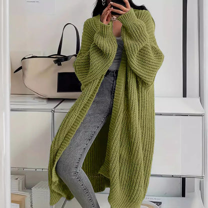 Gilet Long Tricoté Femme avec Poches – Cardigan à Manches Lanternes