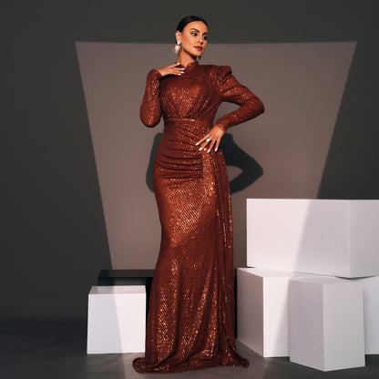 Robe Longue de Soirée à Paillettes – Manches Longues, Col Rond, Slim et Élégante