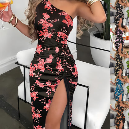 Robe Femme Épaule Dénudée Imprimée – Fendue & Élégante