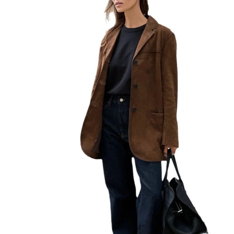 Veste Femme en Suède – Style Commuter Élégant – Boutons – Tailles S à L