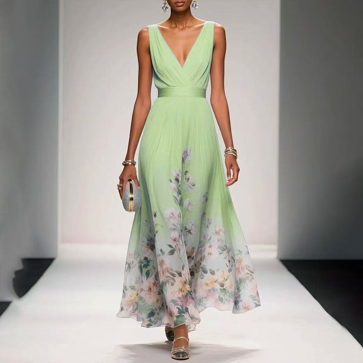 Robe Femme Chiffon Imprimée – Sans Manches, A-Line Longue, Style Sexy