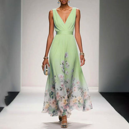 Robe Femme Chiffon Imprimée – Sans Manches, A-Line Longue, Style Sexy